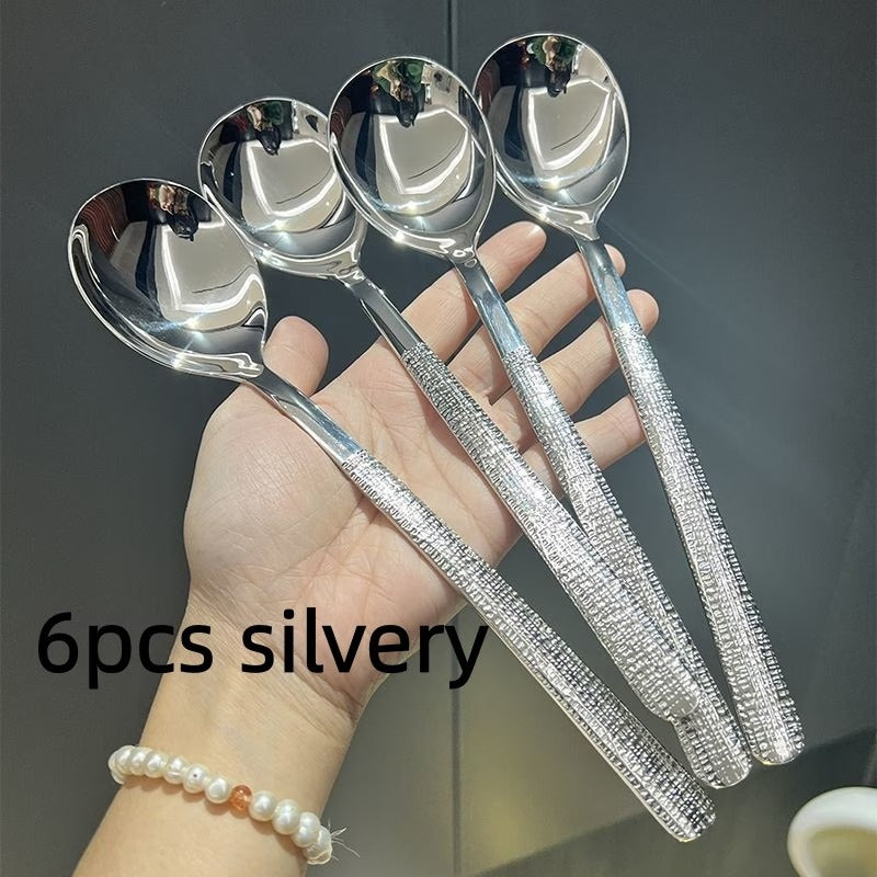 6Pcs Hammered Stainless Steel Spoons Ergonomic Anti Rust Kitchen Dinnerware Set